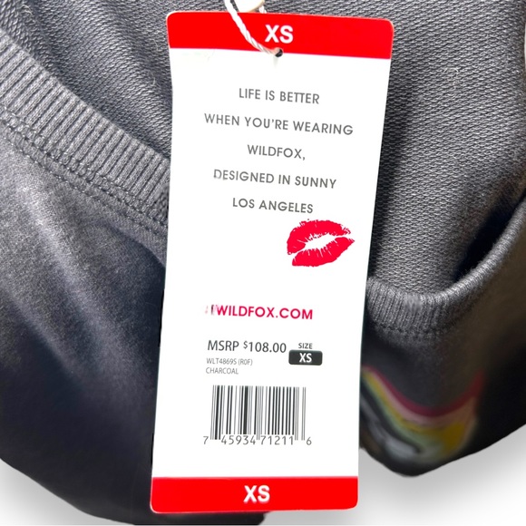 Wildfox Statement Sweatshirt Easy Does It XS Split Sides Charcoal Gray Rainbow - Picture 11 of 11
